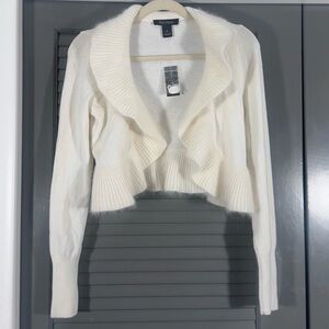 NWT White House Black Market Ivory Ruffle Collar Cropped Cardigan